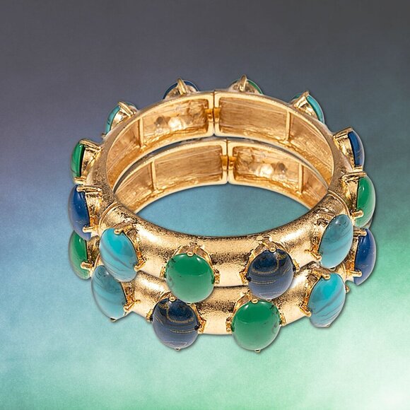 Byzantine Inspired Stone Gold Dipped Stretch Cuff Bangle Bracelets SET of 2 - Picture 6 of 11